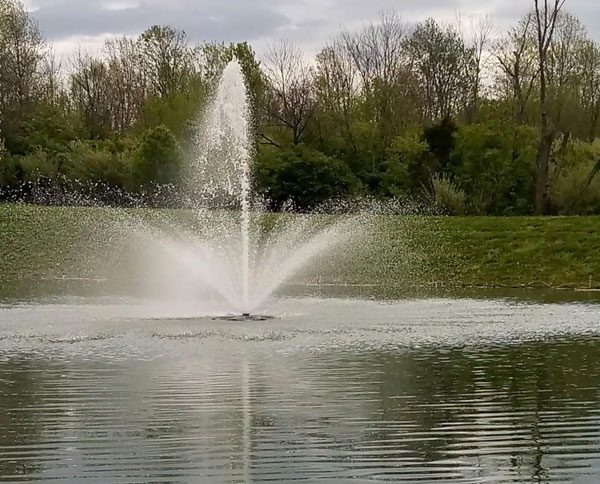 Hopkins Commons apartments fountain on pond